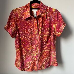 100% silk vintage orange pink LIZ claiborne paisley fitted collared button up
